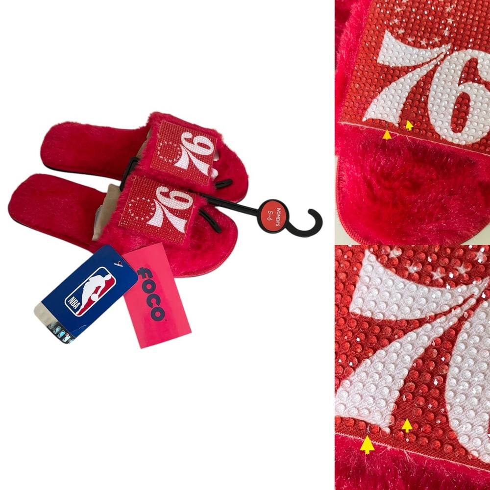 NBA Philadelphia 76ers FOCO Red Rhinestone Fuzzy Slide Slippers Women’s Sm (5-6)